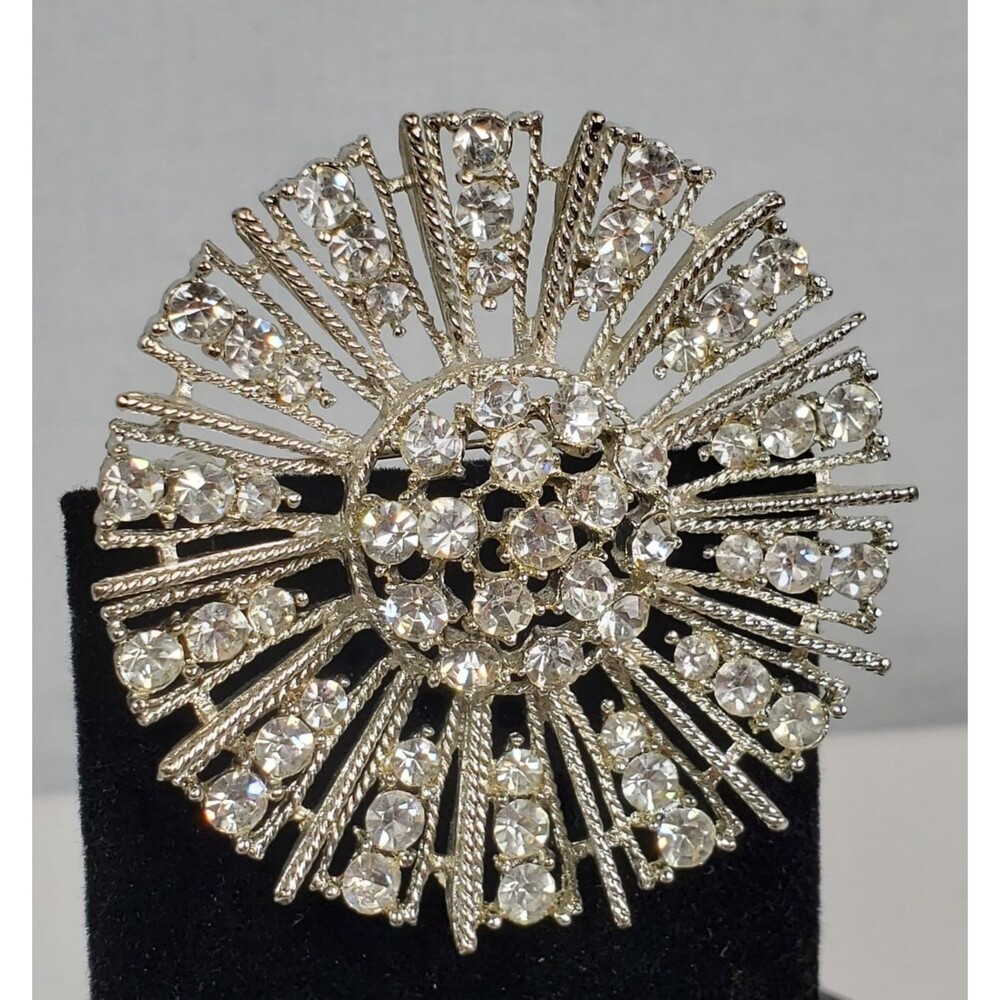 Vintage Large Sunburst Crystal Rhinestone 2.5" Silver Tone Brooch - Picture 2 of 16